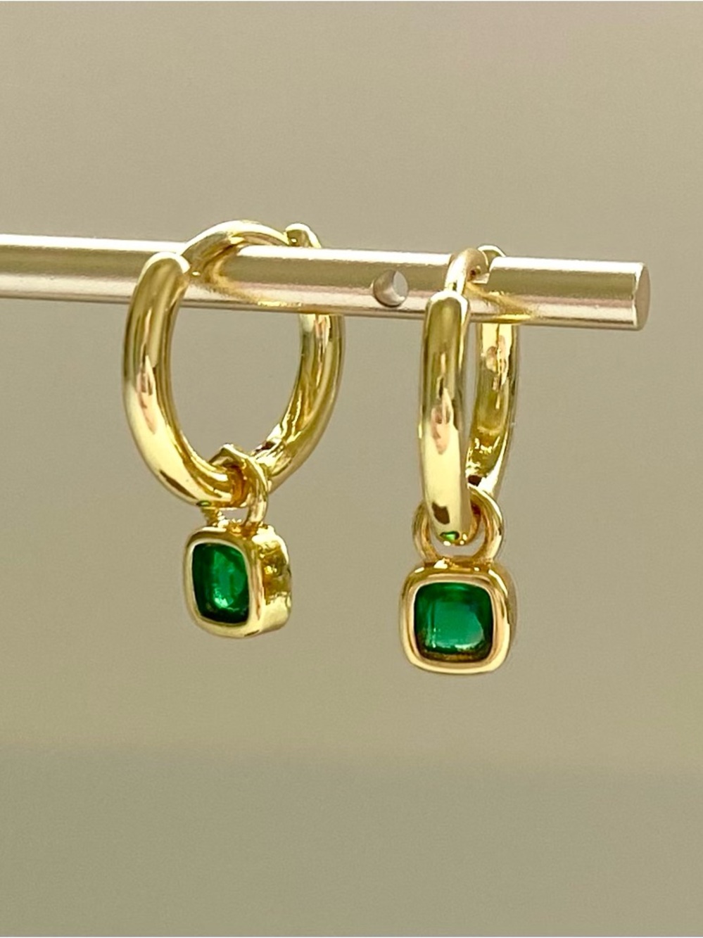 Gold Huggie Hoop Earrings with Emerald Green Charm